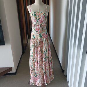 Agua Bendita Lima Jardiniera' Floral-Print Linen Maxi Dress
